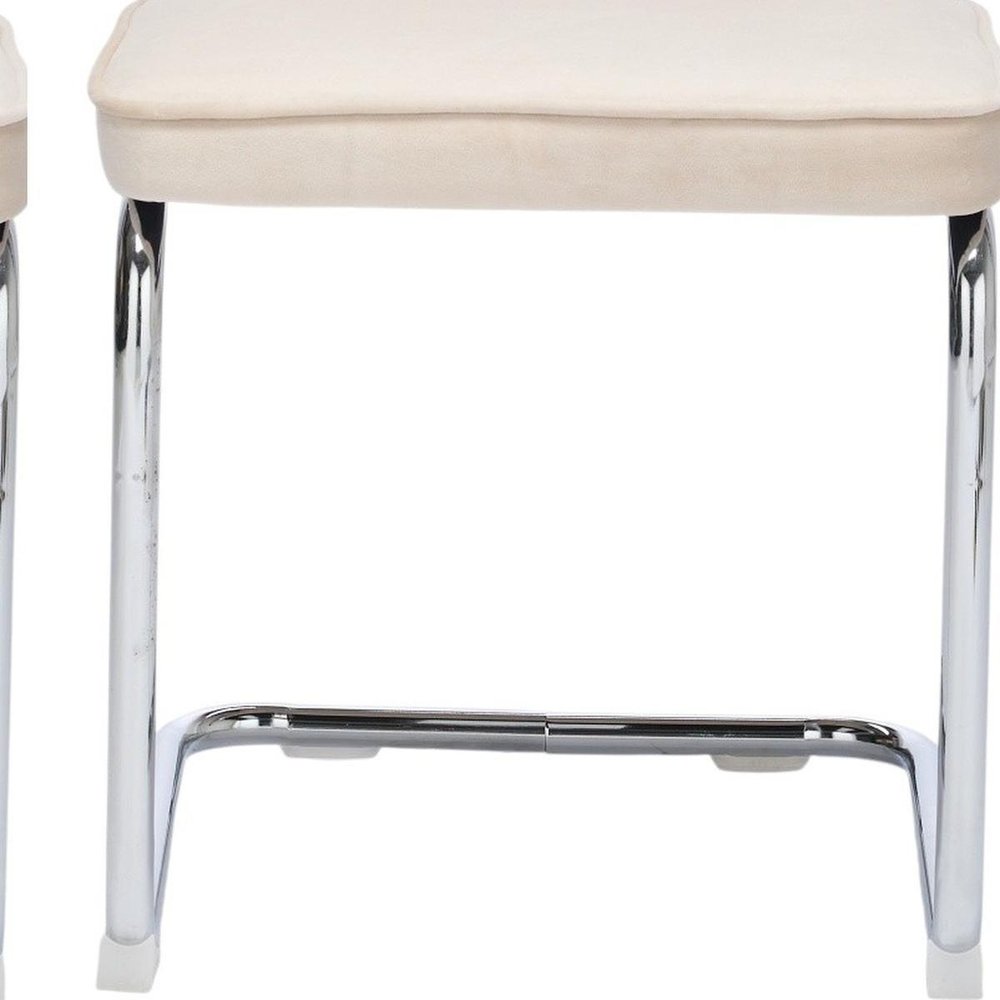 Set of Two Beige Natural And Silver Velvet Rattan And Stainless Steel Dining Chairs