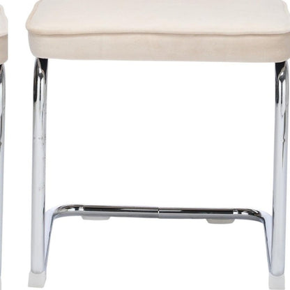 Set of Two Beige Natural And Silver Velvet Rattan And Stainless Steel Dining Chairs