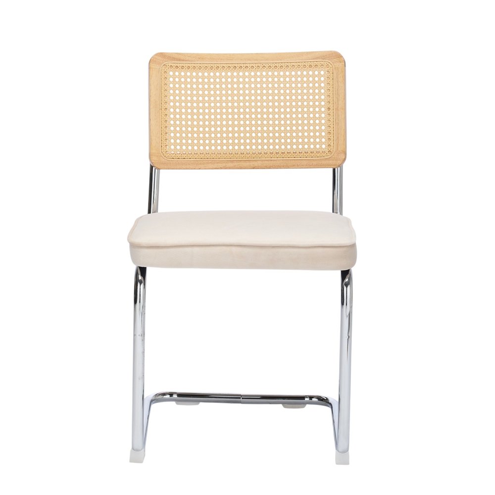 Set of Two Beige Natural And Silver Velvet Rattan And Stainless Steel Dining Chairs