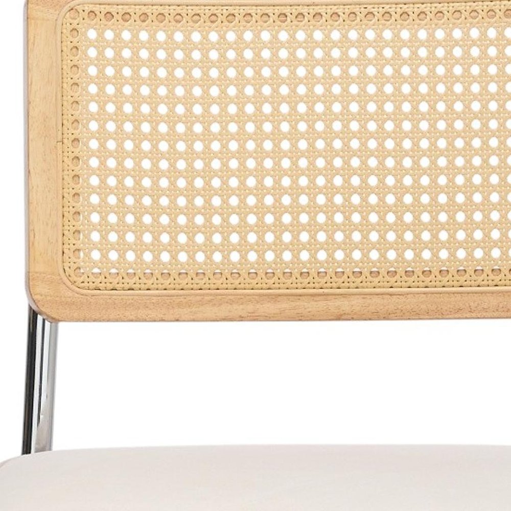 Set of Two Beige Natural And Silver Velvet Rattan And Stainless Steel Dining Chairs
