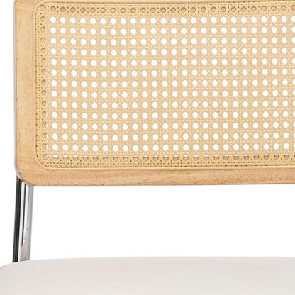 Set of Two Beige Natural And Silver Velvet Rattan And Stainless Steel Dining Chairs