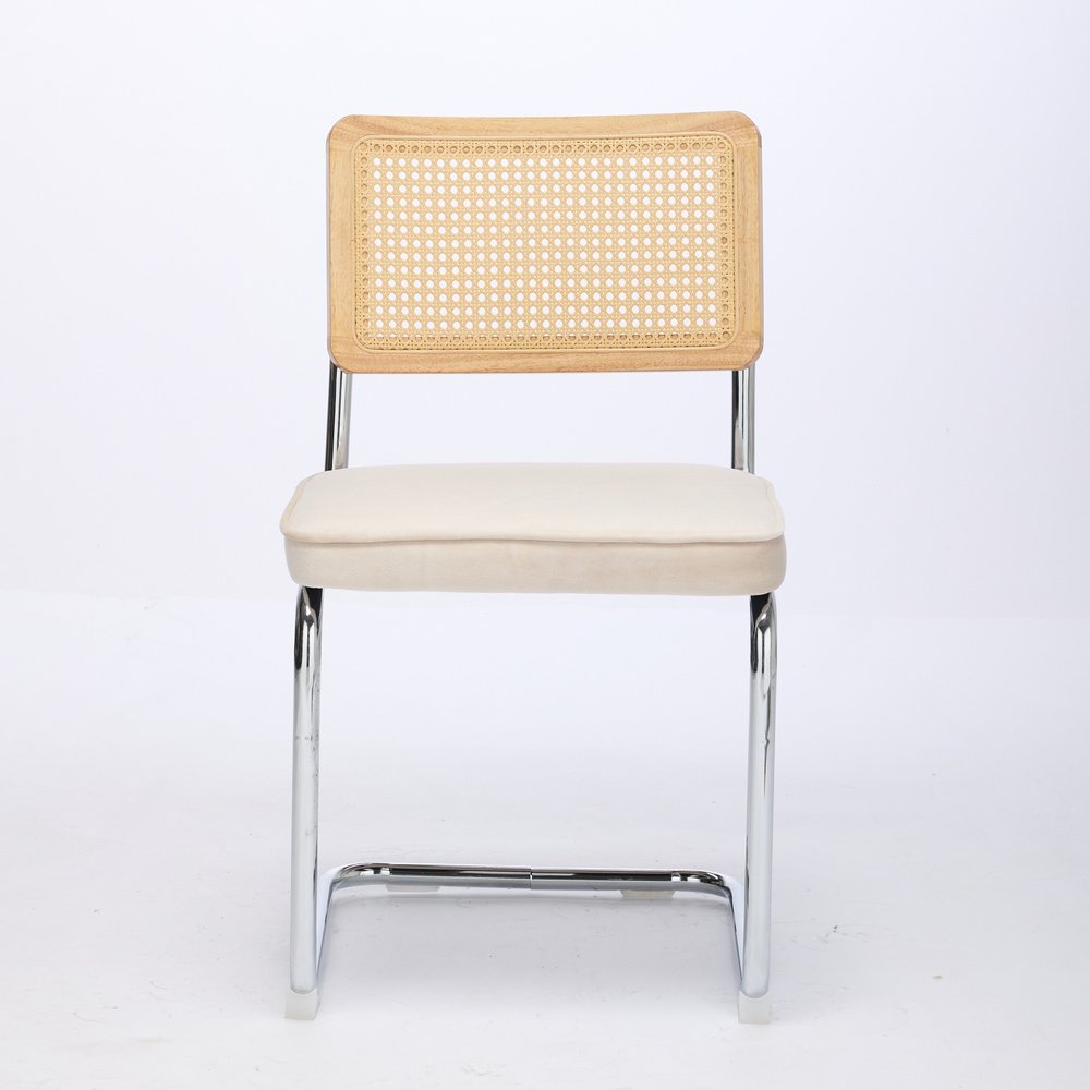 Set of Two Beige Natural And Silver Velvet Rattan And Stainless Steel Dining Chairs
