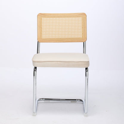 Set of Two Beige Natural And Silver Velvet Rattan And Stainless Steel Dining Chairs