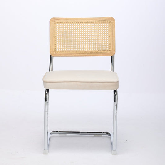 Set of Two Beige Natural And Silver Velvet Rattan And Stainless Steel Dining Chairs