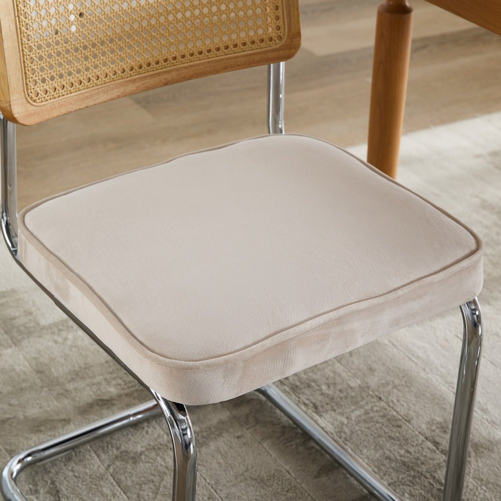 Set of Two Beige Natural And Silver Velvet Rattan And Stainless Steel Dining Chairs