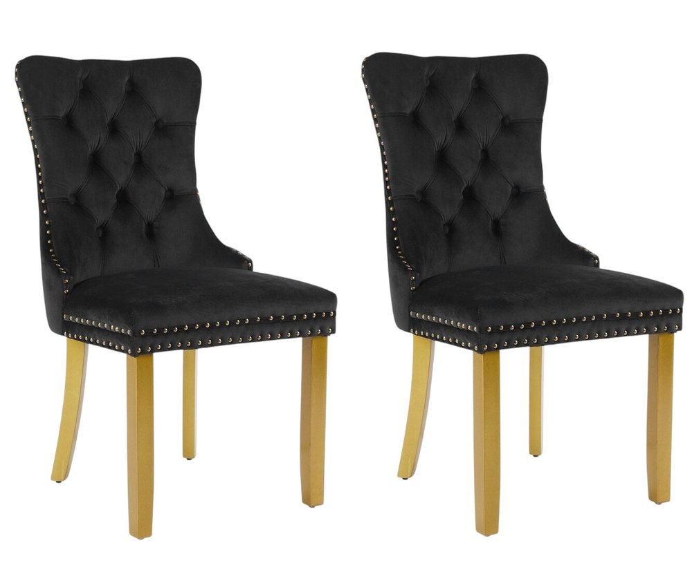 Set of Two Black And Gold Tufted Velvet And Solid Wood Dining Side Chairs