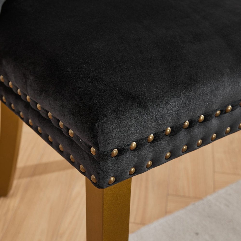 Set of Two Black And Gold Tufted Velvet And Solid Wood Dining Side Chairs