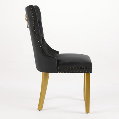 Set of Two Black And Gold Tufted Velvet And Solid Wood Dining Side Chairs