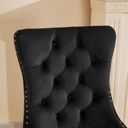 Set of Two Black And Gold Tufted Velvet And Solid Wood Dining Side Chairs