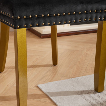 Set of Two Black And Gold Tufted Velvet And Solid Wood Dining Side Chairs