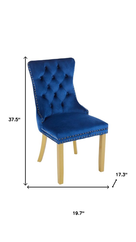 Set of Two Blue And Gold Tufted Velvet And Solid Wood Dining Side Chairs