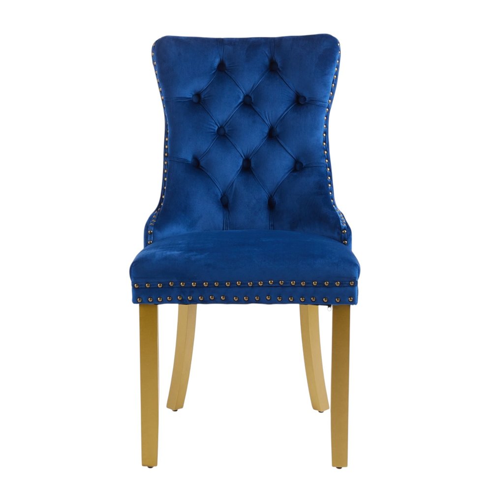 Set of Two Blue And Gold Tufted Velvet And Solid Wood Dining Side Chairs