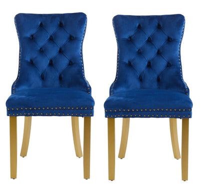 Set of Two Blue And Gold Tufted Velvet And Solid Wood Dining Side Chairs