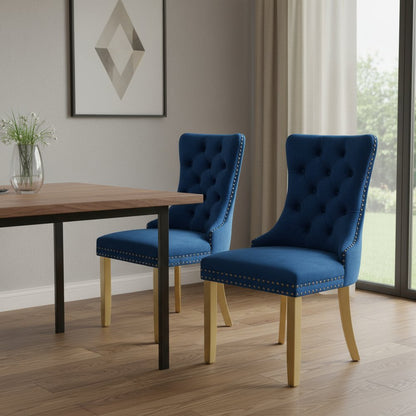 Set of Two Blue And Gold Tufted Velvet And Solid Wood Dining Side Chairs