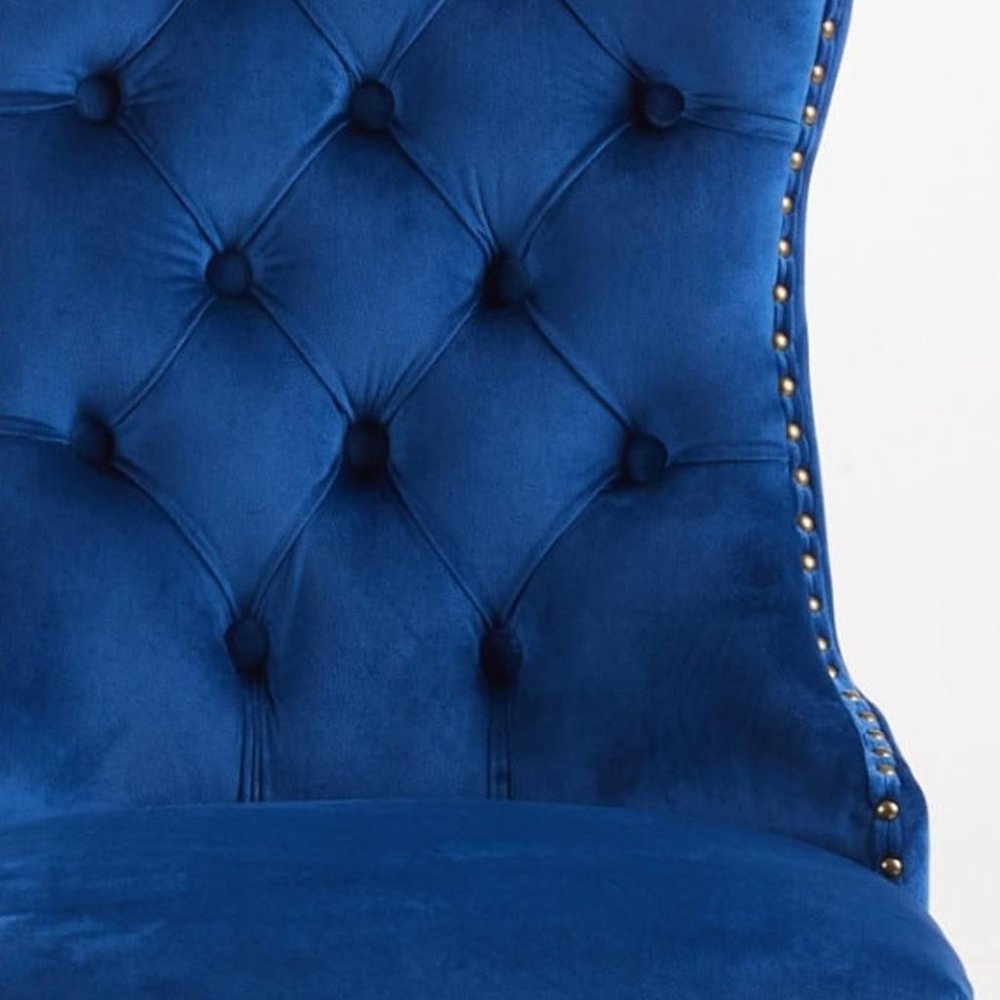 Set of Two Blue And Gold Tufted Velvet And Solid Wood Dining Side Chairs