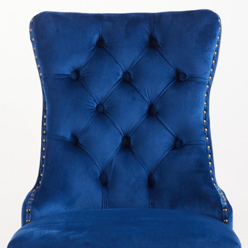 Set of Two Blue And Gold Tufted Velvet And Solid Wood Dining Side Chairs