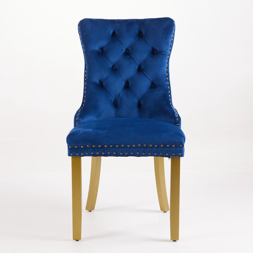 Set of Two Blue And Gold Tufted Velvet And Solid Wood Dining Side Chairs