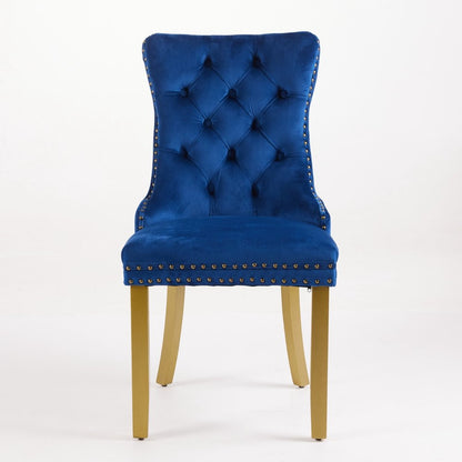 Set of Two Blue And Gold Tufted Velvet And Solid Wood Dining Side Chairs