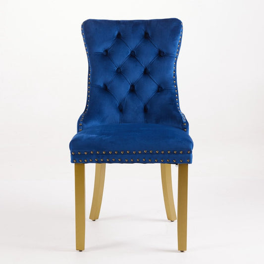 Set of Two Blue And Gold Tufted Velvet And Solid Wood Dining Side Chairs