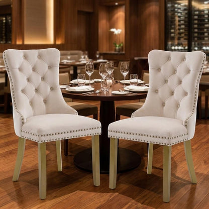 Set of Two Beige White And Gold Tufted Velvet And Solid Wood Dining Side Chairs