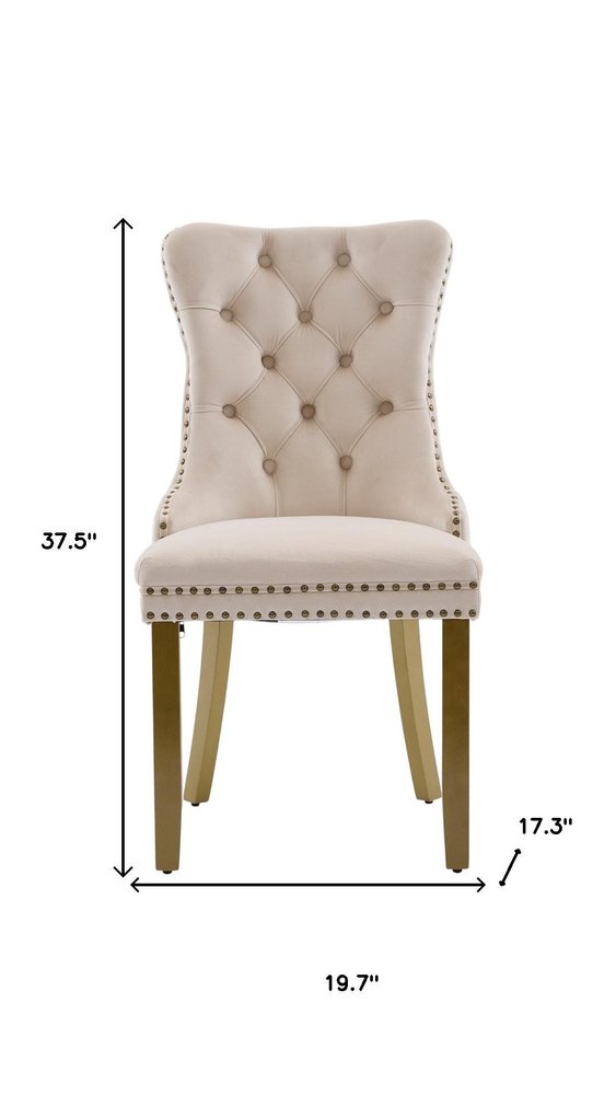 Set of Two Beige White And Gold Tufted Velvet And Solid Wood Dining Side Chairs