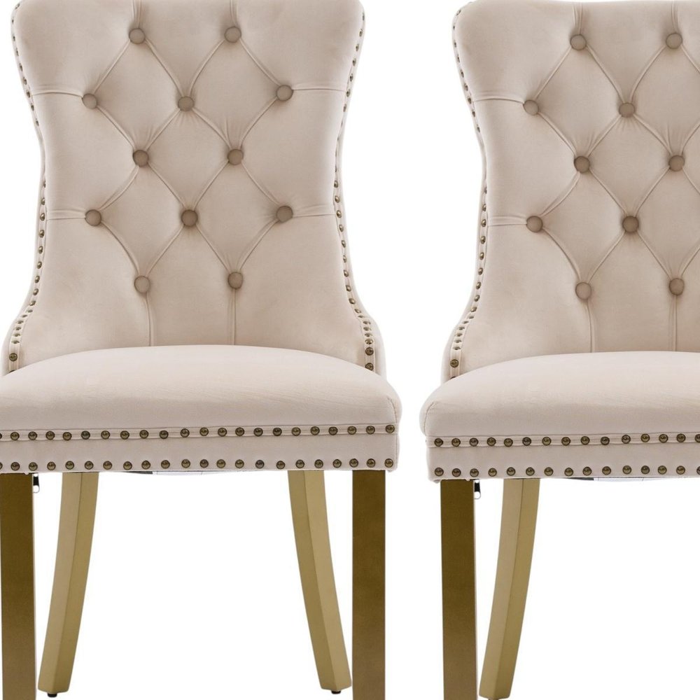 Set of Two Beige White And Gold Tufted Velvet And Solid Wood Dining Side Chairs