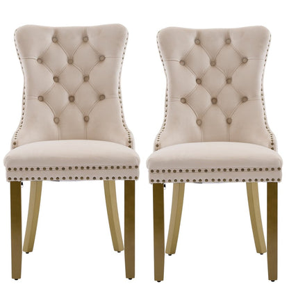 Set of Two Beige White And Gold Tufted Velvet And Solid Wood Dining Side Chairs