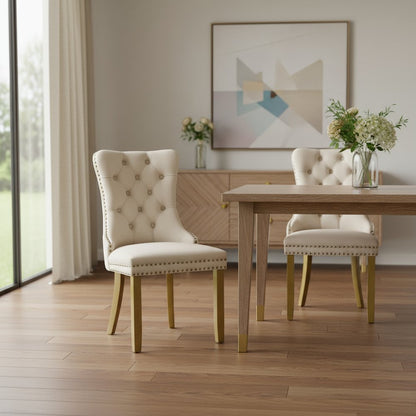 Set of Two Beige White And Gold Tufted Velvet And Solid Wood Dining Side Chairs