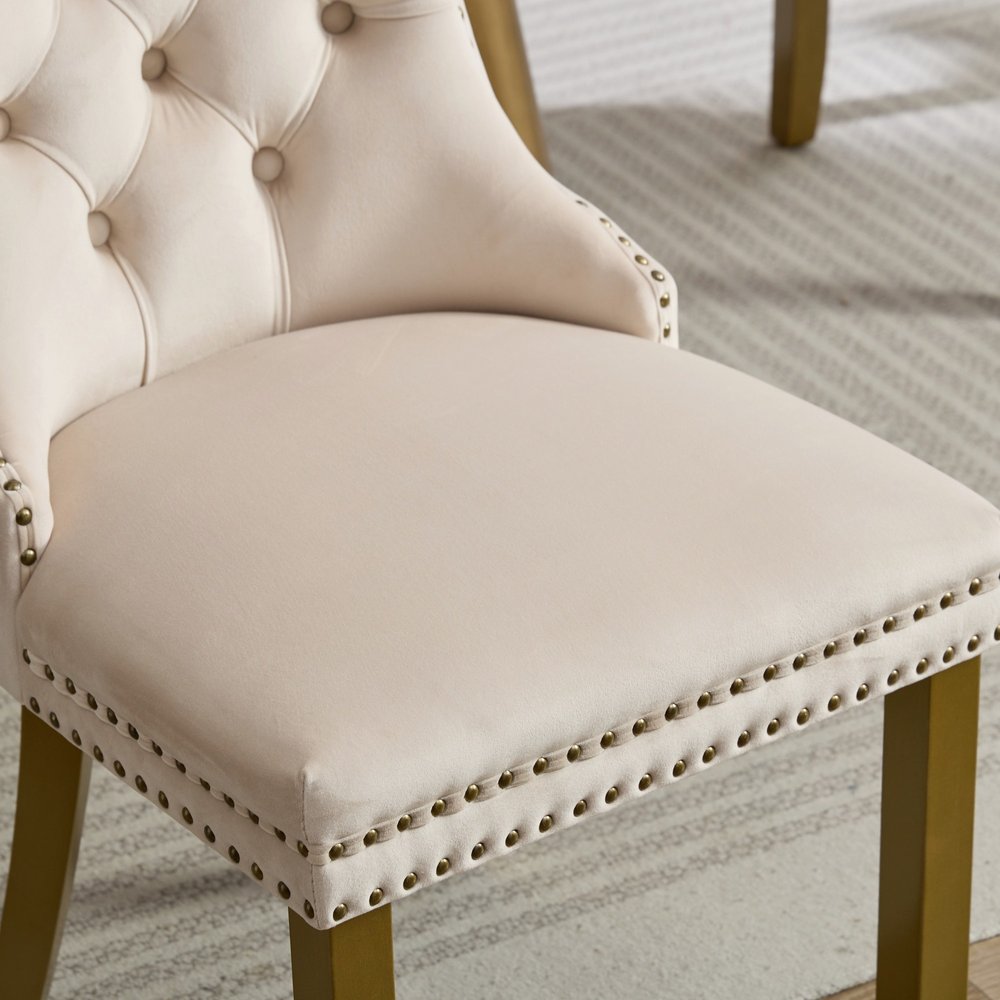 Set of Two Beige White And Gold Tufted Velvet And Solid Wood Dining Side Chairs