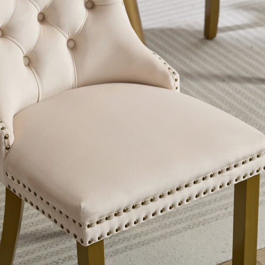Set of Two Beige White And Gold Tufted Velvet And Solid Wood Dining Side Chairs