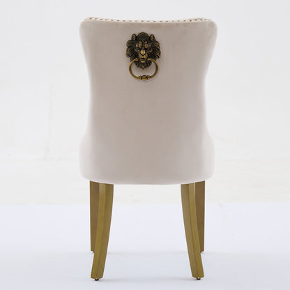 Set of Two Beige White And Gold Tufted Velvet And Solid Wood Dining Side Chairs