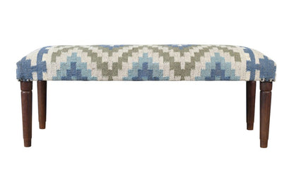 47" Blue Sage And Brown Geometric Jute Wool And Solid Wood Upholstered Bench