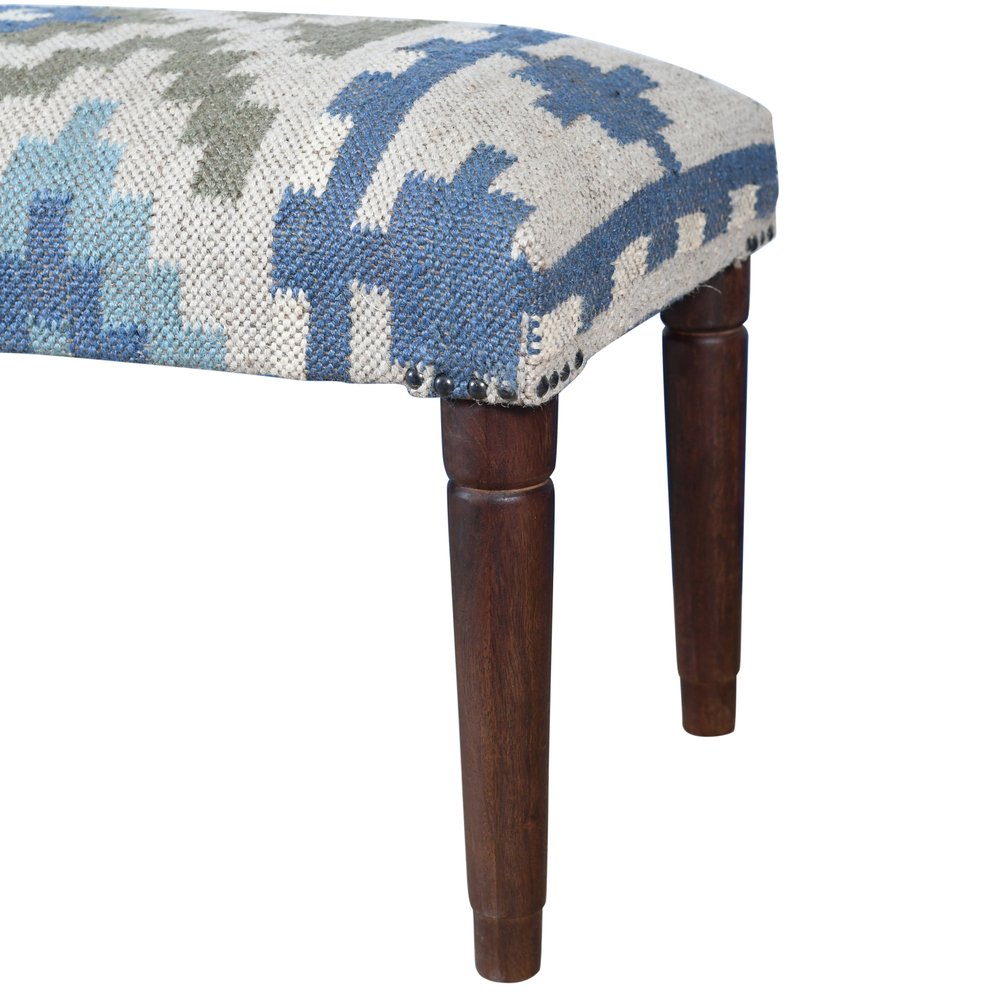 47" Blue Sage And Brown Geometric Jute Wool And Solid Wood Upholstered Bench