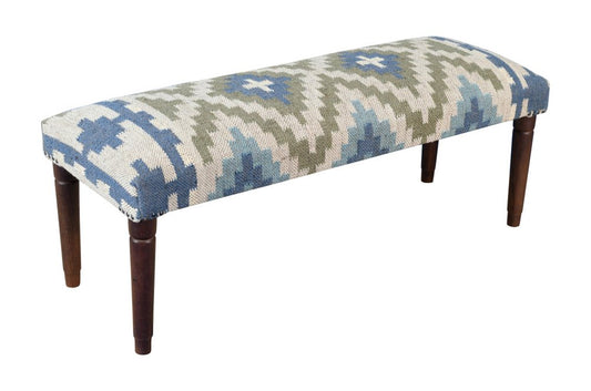 47" Blue Sage And Brown Geometric Jute Wool And Solid Wood Upholstered Bench
