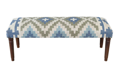 47" Blue Sage And Brown Geometric Jute Wool And Solid Wood Upholstered Bench