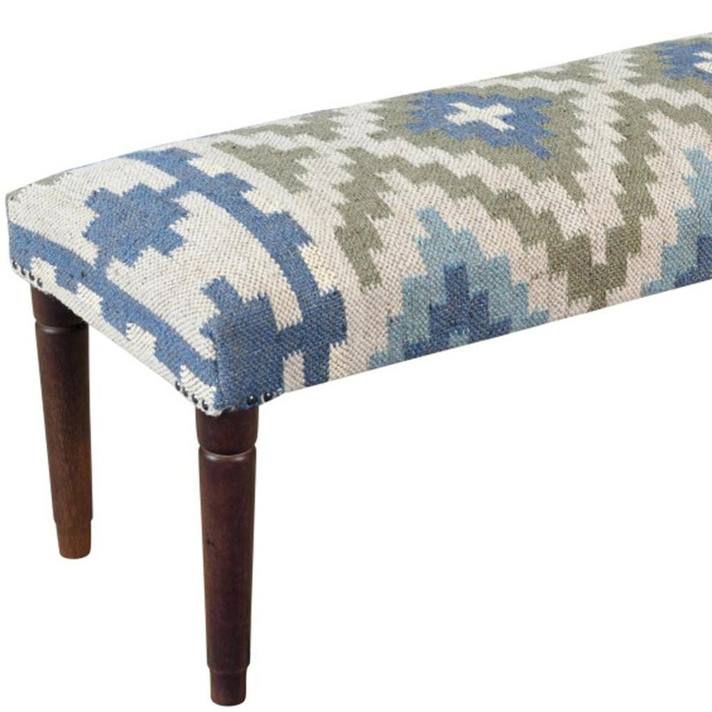 47" Blue Sage And Brown Geometric Jute Wool And Solid Wood Upholstered Bench