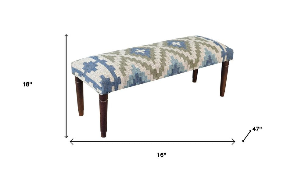 47" Blue Sage And Brown Geometric Jute Wool And Solid Wood Upholstered Bench