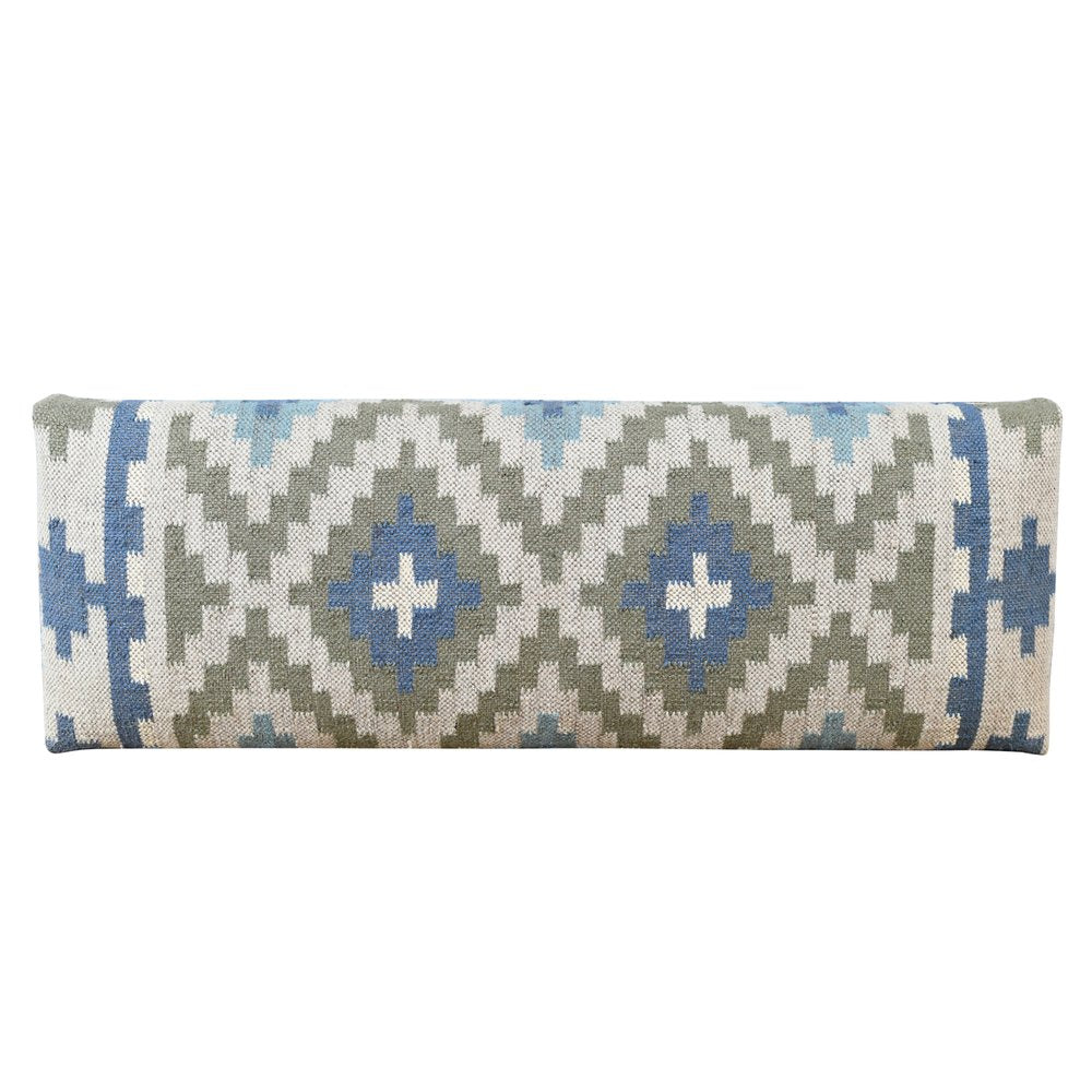 47" Blue Sage And Brown Geometric Jute Wool And Solid Wood Upholstered Bench