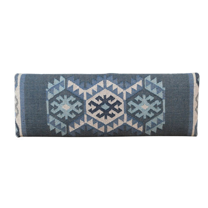 47" Blue and Brown Geometric Jute and Solid Wood Upholstered Bench