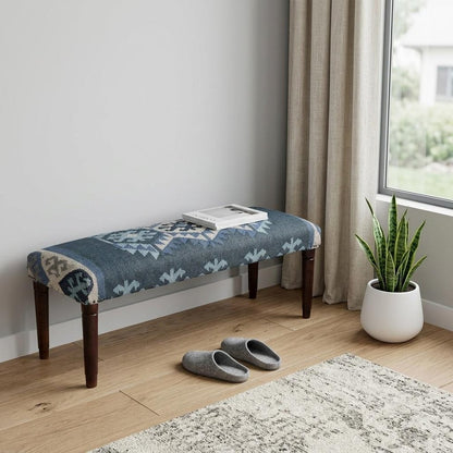 47" Blue and Brown Geometric Jute and Solid Wood Upholstered Bench