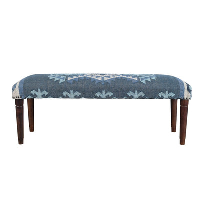 47" Blue and Brown Geometric Jute and Solid Wood Upholstered Bench