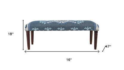 47" Blue and Brown Geometric Jute and Solid Wood Upholstered Bench