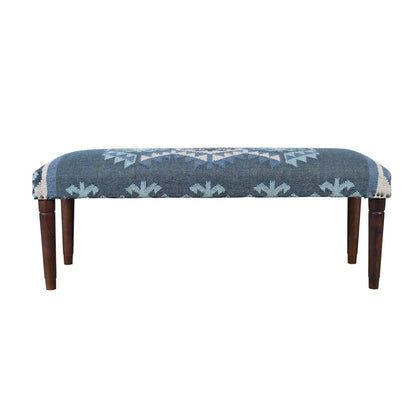 47" Blue and Brown Geometric Jute and Solid Wood Upholstered Bench