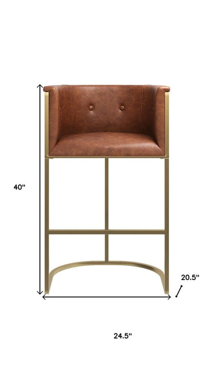 31" Brown And Brass Faux Leather And Steel Low Back Bar Height Bar Chair