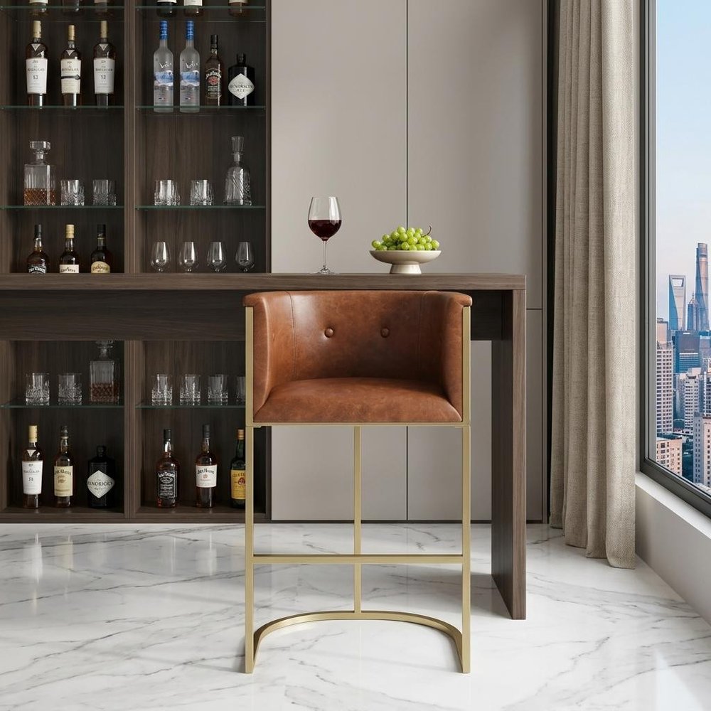 31" Brown And Brass Faux Leather And Steel Low Back Bar Height Bar Chair
