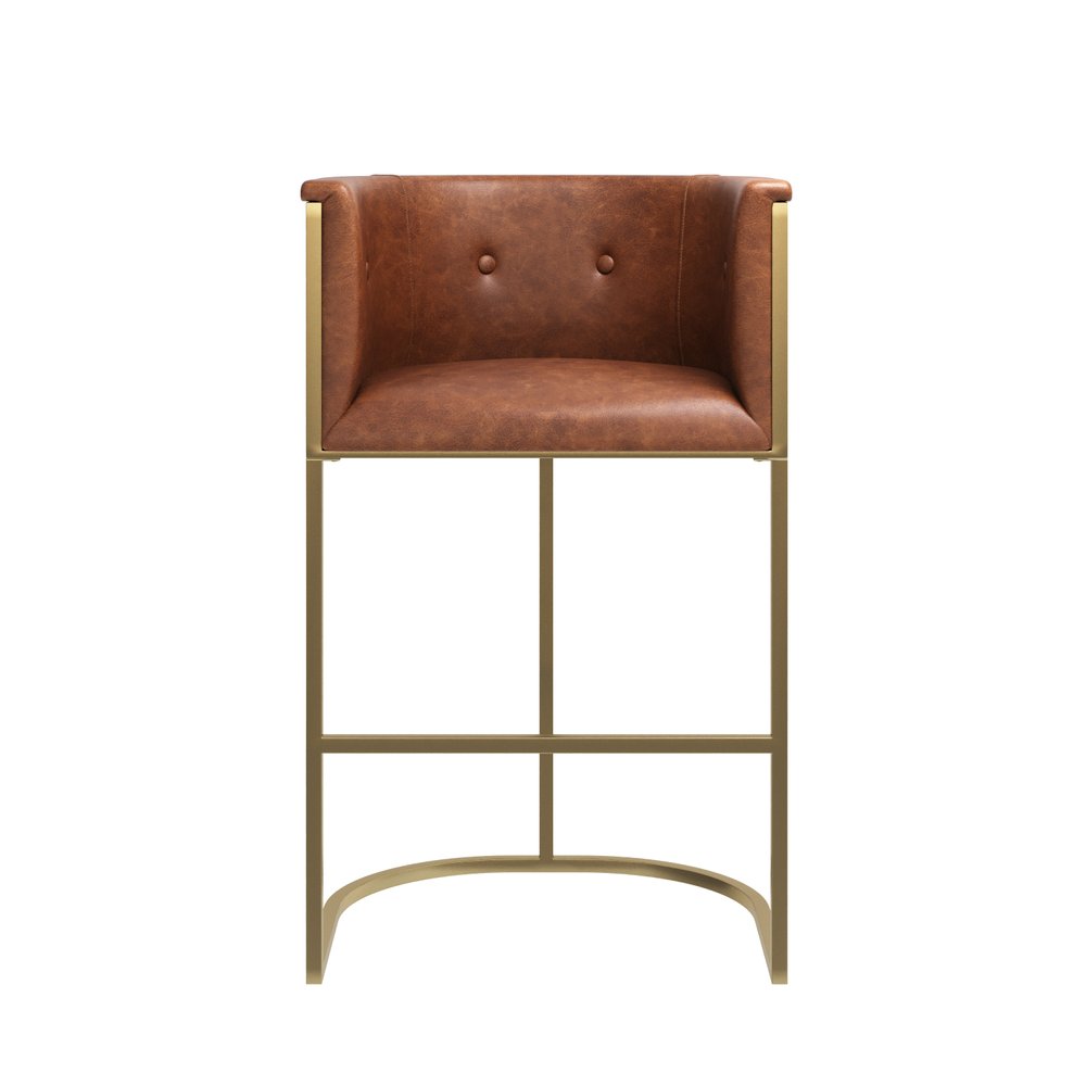 31" Brown And Brass Faux Leather And Steel Low Back Bar Height Bar Chair