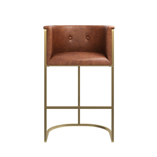 31" Brown And Brass Faux Leather And Steel Low Back Bar Height Bar Chair