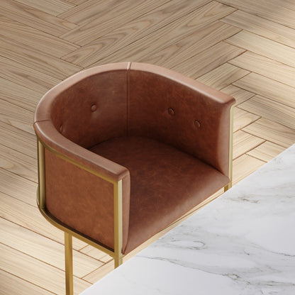 31" Brown And Brass Faux Leather And Steel Low Back Bar Height Bar Chair