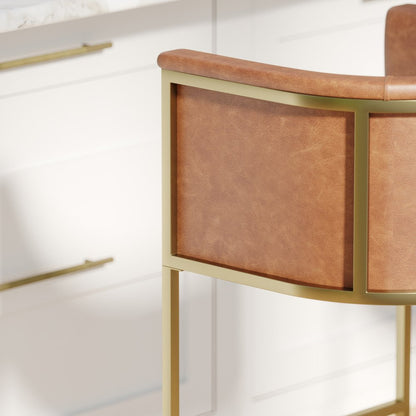 31" Brown And Brass Faux Leather And Steel Low Back Bar Height Bar Chair