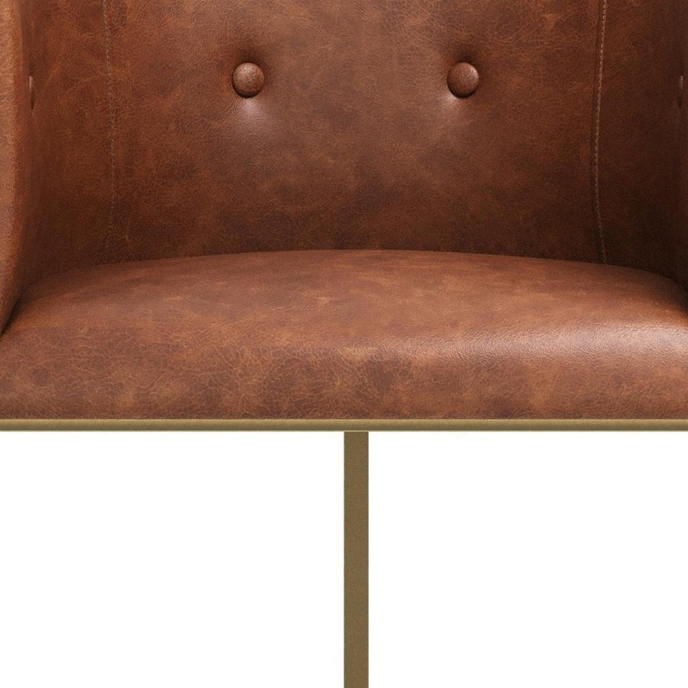 31" Brown And Brass Faux Leather And Steel Low Back Bar Height Bar Chair
